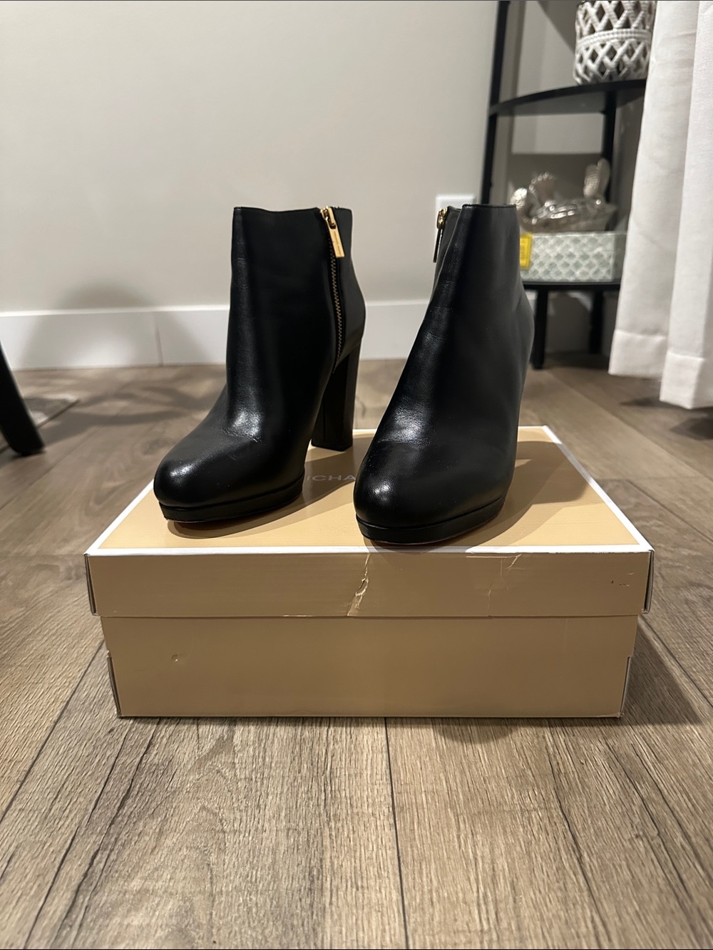 Michael Kors Black Leather Platform Ankle Boots with Gold Zip Accent